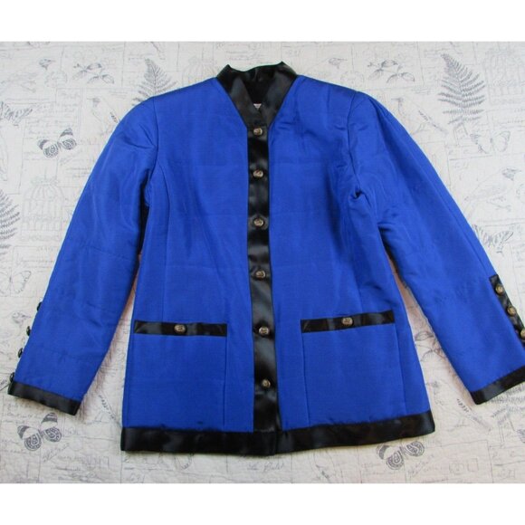 Carlisle Silk quilted jacket Bright blue black Bronze button STUNNING sz 6 - Picture 3 of 7